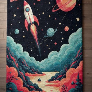以下が含まれることがあります： 宇宙をテーマにした長方形のラグ。白と赤のロケットが星空に飛び立ち、惑星に囲まれています。下部には、赤、青、ベージュの色合いの様式化された雲と風景が描かれています。子供部屋に最適です。
