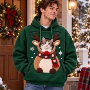 Hoodie med plånbok för husdjur, unisex överdimensionerad tröja, julfleecehoodie, huvtröja med transportbur för katt och hund, varm vintertröja som passar perfekt