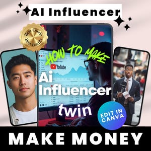 Op de afbeelding: Een afbeelding die het concept van AI-influencers promoot, met tekst die luidt "AI Influencer" en "How to Make Money". De afbeelding bevat een computerscherm met een YouTube-interface en twee smartphones met afbeeldingen van mensen.