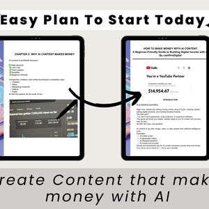 May include: Two tablets displaying content creation guides. One shows "Chapter 2: Why AI Content Makes Money," the other, "How to Make Money with AI Content." Text at the bottom reads "Create Content that makes money with AI."
