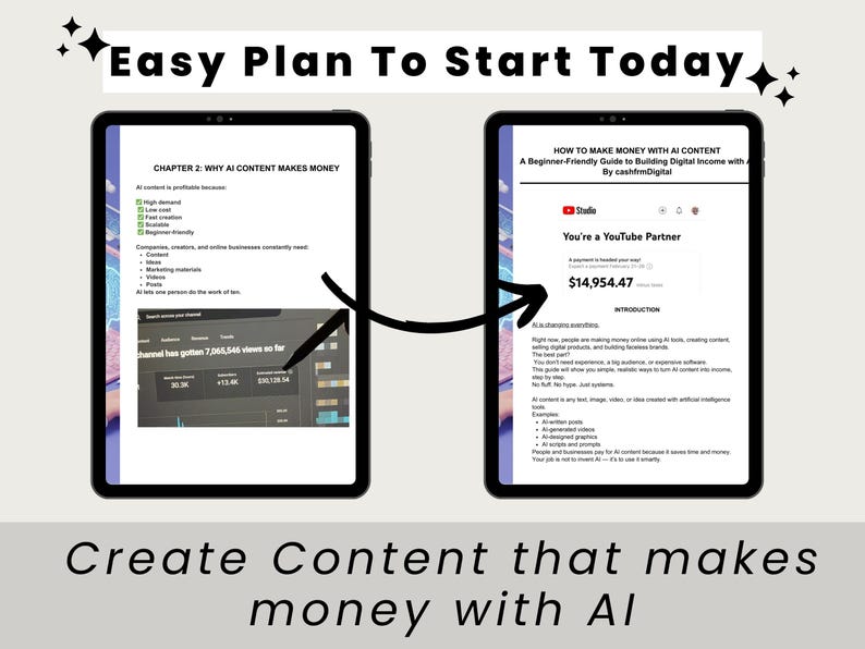 May include: Two tablets displaying content creation guides. One shows "Chapter 2: Why AI Content Makes Money," the other, "How to Make Money with AI Content." Text at the bottom reads "Create Content that makes money with AI."