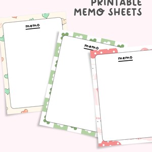May include: Three rectangular printable memo sheets with a white center and black text reading memo. The left sheet has a cream background with small hearts. The middle sheet features a green and white checkerboard pattern. The right sheet has pink.