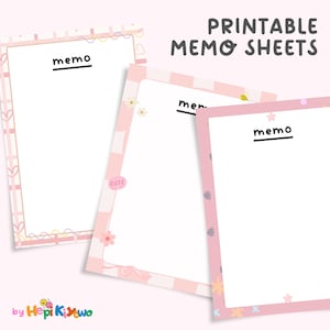 May include: Printable memo sheets with pink borders and decorative elements. The sheets feature the word "memo" and various designs, including hearts, flowers, and stars. The text "PRINTABLE MEMO SHEETS" is displayed at the top.