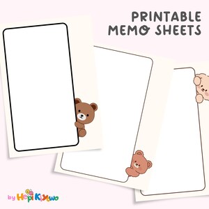 Puede incluir: Hojas de notas imprimibles con fondo crema y borde negro. Cada hoja presenta un lindo oso de dibujos animados asomándose por un lado. El texto "PRINTABLE MEMO SHEETS" está en la parte superior. Las hojas están en blanco, listas para notas.