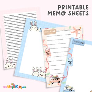 May include: Printable memo sheets with travel-themed designs. The sheets feature lined and blank spaces, with illustrations of bunnies, passports, airplanes, and buses. The text "PRINTABLE MEMO SHEETS" is displayed at the top.