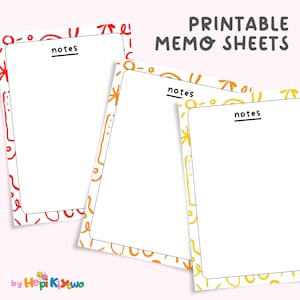 Puede incluir: Hojas de notas blancas con bordes coloridos y la palabra "notes" en la parte superior. Las hojas están decoradas con diseños abstractos rojos, naranjas y amarillos. El texto "PRINTABLE MEMO SHEETS" está en la parte superior.
