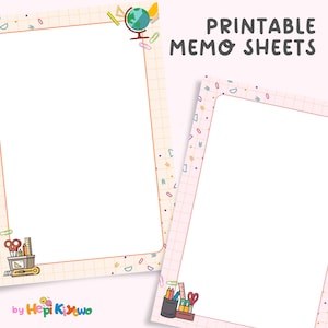 Puede incluir: Dos hojas de memo imprimibles con un borde rosa claro y un patrón de cuadrícula. Los bordes están decorados con útiles escolares como tijeras, lápices y un globo terráqueo. El texto "PRINTABLE MEMO SHEETS" se muestra en negro. En la esquina inferior izquierda está "by Hepi Kixwo".