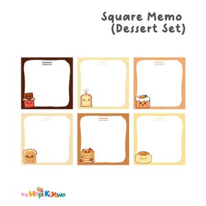 Può includere: Set di sei blocchi per appunti quadrati con illustrazioni a tema dessert. Ogni blocco per appunti ha un interno bianco e un bordo marrone o beige. Le illustrazioni includono una barretta di cioccolato, pane, torta di carote, toast, pancake e crema pasticcera.