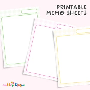 May include: Three printable memo sheets with white paper and colored borders in green, pink, and yellow. The top of each sheet has a small rectangular cutout. The text "PRINTABLE MEMO SHEETS" is displayed at the top.