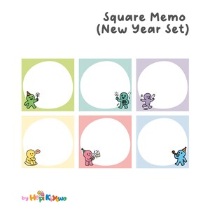 May include: Square memo set with six colorful memo pads. Each pad features a white circle for writing and a cartoon character with a party hat. The text "Square Memo (New Year Set)" is at the top. The bottom has the text "by HepiKiywo".