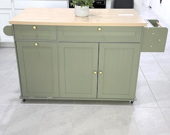 60 Inch Kitchen Island Cart with Power Outlet, Rolling Storage Cabinet with Spice Rack