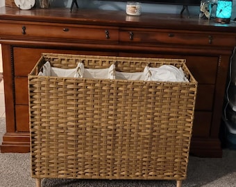 4 Section Laundry Hamper with Lid 55 Gallon Large Rattan Basket Removable Liners Organizer