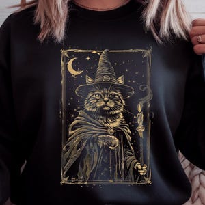 Wizard Cat Sweatshirt | Witchy Cat Jumper | Halloween Cat Sweatshirt | Black Cat Witch Sweater | Spooky Cute Cat Shirt | Fall Aesthetic Crew