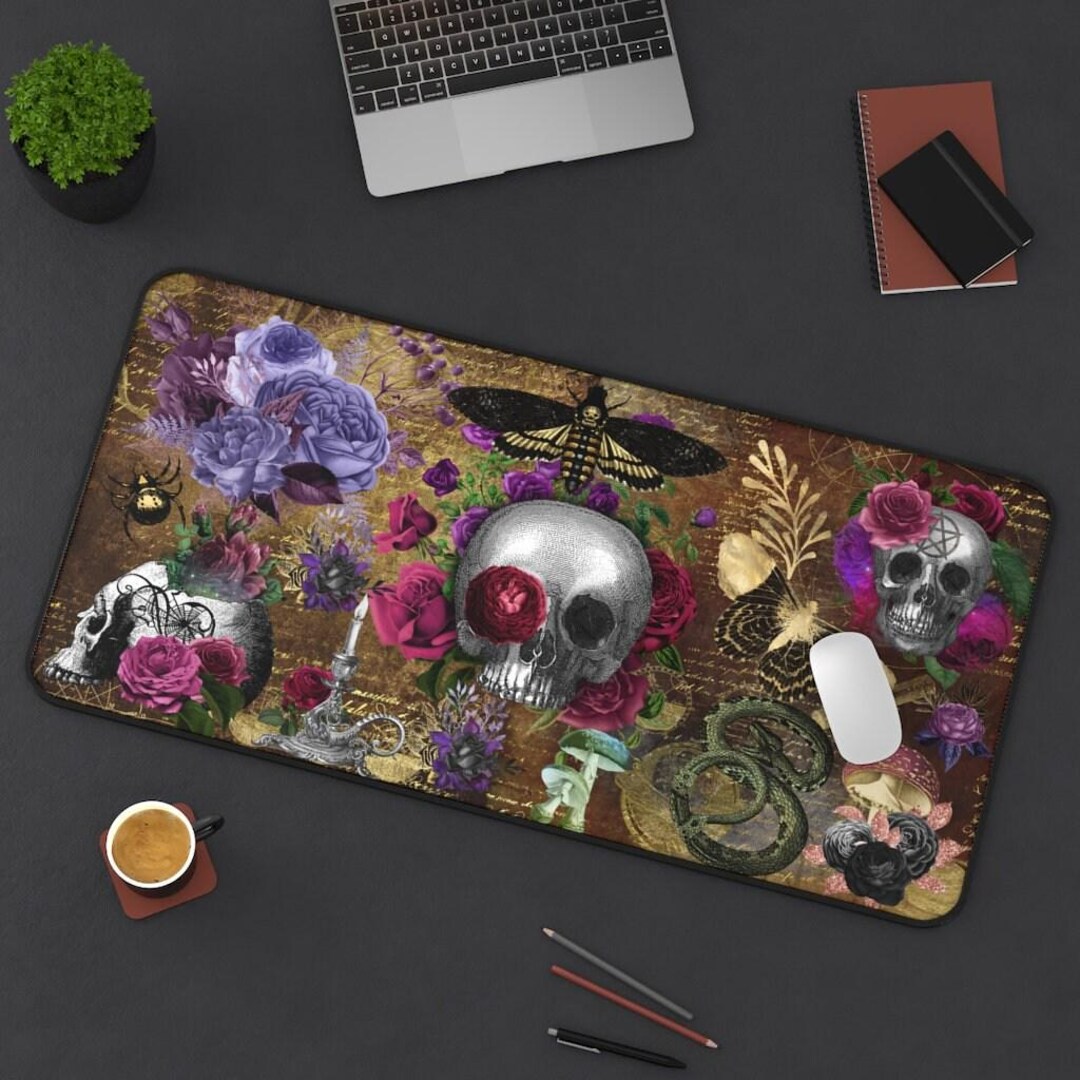 Skull Floral Desk Mat 16x32 Inch Gothic Aesthetic Desk Pad Neoprene ...