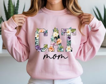Cat Mom Floral Varsity Sweatshirt, Cozy Unisex Cat Lover Crewneck, Gildan 18000 Cat Mom Gift