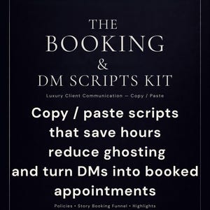 Könnte beinhalten: Dunkelmarineblaue Grafik mit weißem Text, der "The Booking & DM Scripts Kit" von Aura Content Studio bewirbt. Das Kit verspricht Copy/Paste-Skripte, um Zeit zu sparen, Ghosting zu reduzieren und DMs in Termine umzuwandeln.