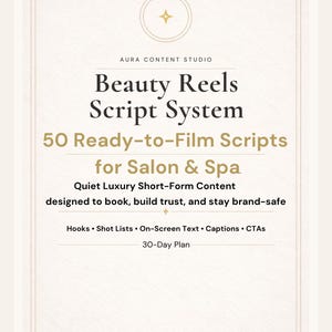 Guiones de Instagram Reels para salones de belleza (PDF) | 50 ganchos listos para grabar + listas de tomas + subtítulos + llamadas a la acción | Lujo silencioso