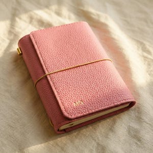 May include: A pink leather journal with a textured surface. The journal is closed with a flap and a gold elastic band. The initials "MO" are embossed in gold on the front cover. The journal is lying on a light-colored fabric.