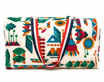 Bolso de viaje con diseño de bordado – Bolso de viaje tejido a mano para pasar la noche con correa para el hombro