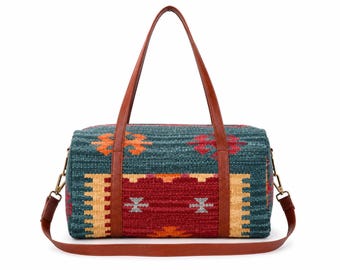 Bolsa de lona Boho Kilim Weekender – Patrón tribal tejido a mano