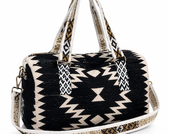 Bolsa de lona con estampado azteca – Bolsa de viaje tejida a mano para pasar la noche con correa para el hombro