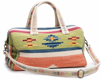 Bolso de viaje con estampado kilim – Bolso de viaje tejido a mano para pasar la noche con correa para el hombro