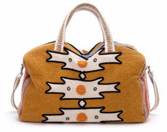 Bolsa de lona con estampado azteca – Bolsa de viaje tejida a mano para pasar la noche con correa para el hombro