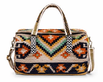 Bolsa de lona con estampado azteca – Bolsa de viaje tejida a mano para pasar la noche con correa para el hombro