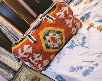 Bolsa de lona con estampado azteca – Bolsa de viaje tejida a mano para pasar la noche con correa para el hombro
