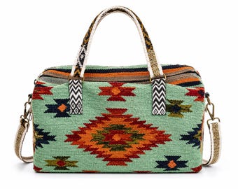 Bolso de viaje con estampado kilim – Bolso de viaje tejido a mano para pasar la noche con correa para el hombro