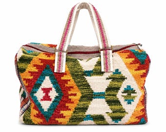 Bolso de viaje con estampado kilim – Bolso de viaje tejido a mano para pasar la noche con correa para el hombro