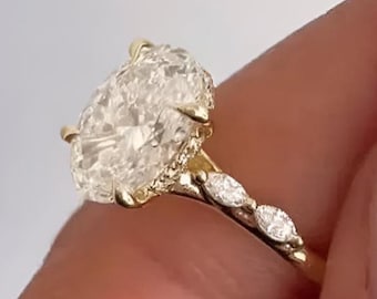 3CT Oval Cut Moissanite Engagement Hidden Halo Ring With Side Stone Marquise 14K Yellow Gold Hidden Halo Oval Cathedral Set Rings for Women