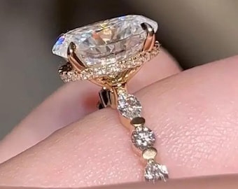 3CT Oval Cut Moissanite Engagement Ring With Side Stone Marquise And Round Diamond 14K Gold Hidden Halo Ring, Oval Bubble Prong Band Ring