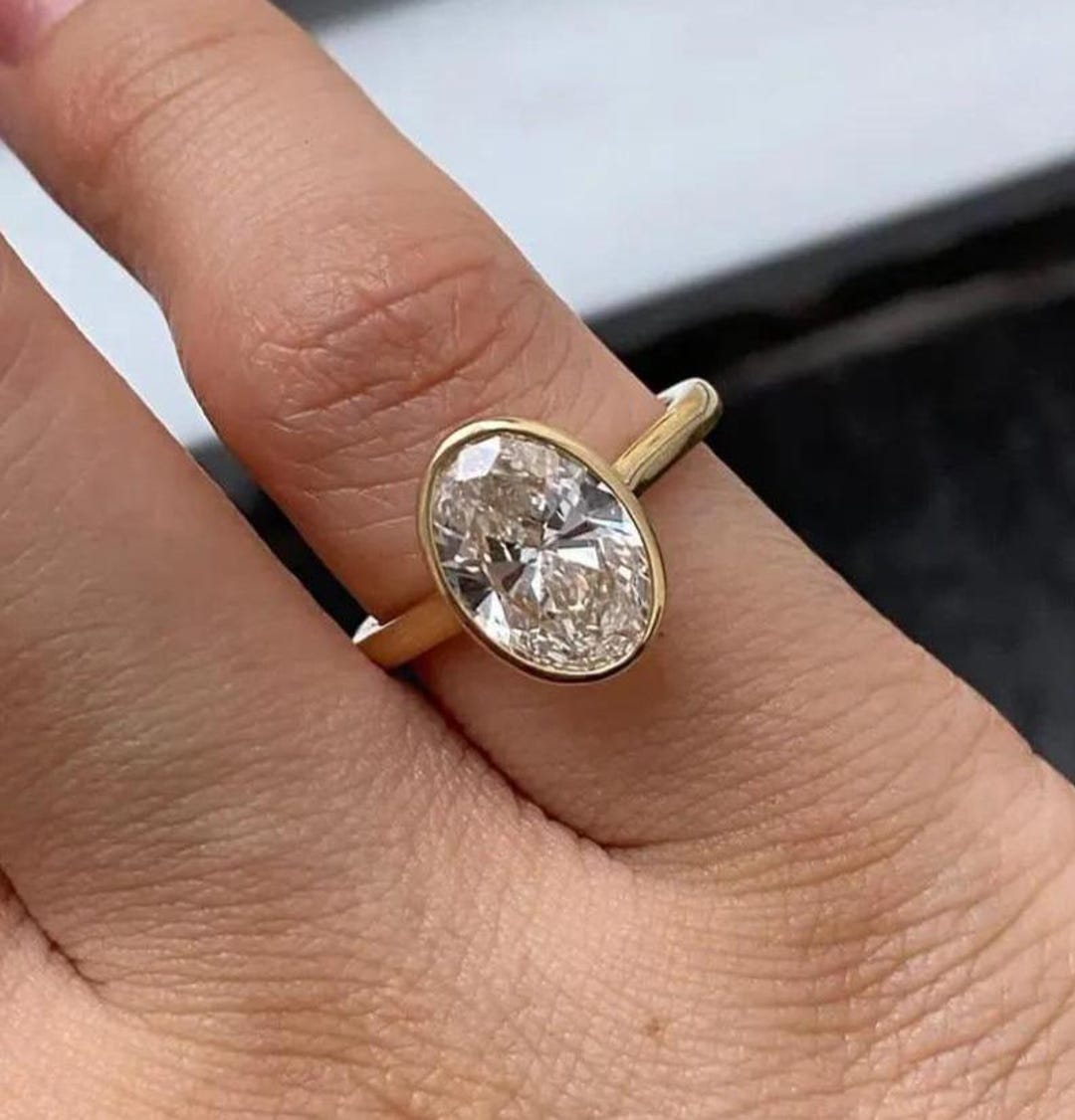 2CT Oval Cut Moissanite Engagement Ring Bezel Set Moissanite Solitaire ...