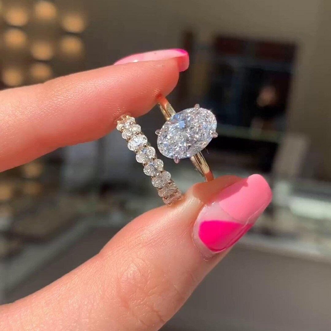 3CT Oval Cut Moissanite Engagement Ring Set, 14K Solid Gold Bridal Ring ...