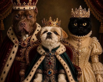 Op maat gemaakt koninklijk huisdierportret voor 3 huisdieren, gepersonaliseerd konings- en koninginnenportret van hond en kat, renaissance huisdiercadeau, digitale JPG- en PDF-download