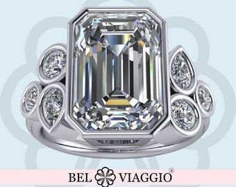 Moissanite Bezel Set Silver Engagement Ring, Emerald cut Three Stone Bridal Ring 5.06 ctw