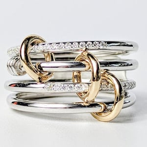 Connected Rings, Multi-Band, Sterling Silver, Gold, Two Tone, CZ Stacking Rings