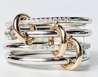 Connected Rings, Multi-Band, Sterling Silver, Gold, Two Tone, CZ Stacking Rings