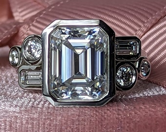 Modern Emerald Cut Moissanite Engagement Ring Bezel Set Anniversary Lifetime Warranty