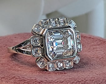 Emerald Cut Moissanite Engagement Ring: Bezel Halo Split Shank, Queen Charlotte