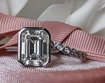 Emerald Cut Moissanite Engagement Ring Set: Bezel Solitaire, Gold Bridal