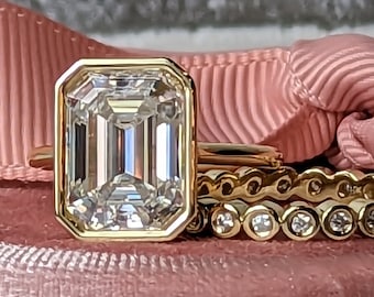 14kt Gold Emerald Cut Moissanite Engagement Ring Set, Bridal Set, Bezel Cathedral Setting
