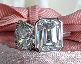 You and Me Toi Et Moi Ring Emerald & Pear Moissanite Two Stone Ring Bel Viaggio Designs