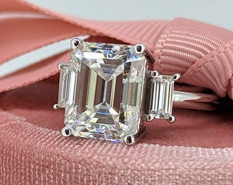 Emerald Cut Moissanite Three Stone Engagement Ring, 14kt Gold Anniversary Ring, Statement Ring Bel Viaggio Designs