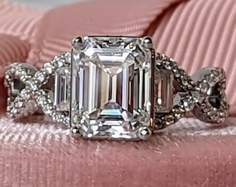 Emerald Cut Moissanite Engagement Ring Three Stone 3.10CTW Lifetime Warranty