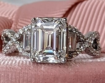 Emerald Moissanite Ring, Unique Ring, Lifetime Warranty, Gold or Platinum 3.10CT