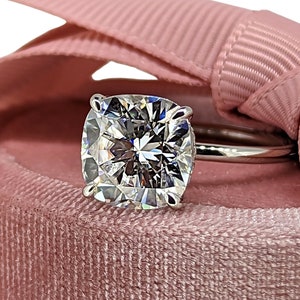 Cushion Cut Moissanite Solitaire Ring: Thin Band, Hidden Halo