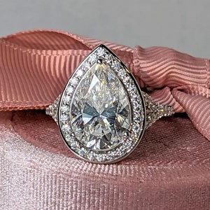 7.50CTW Pear Moissanite Engagement Ring, Halo Split Shank Setting, LIfetime Warranty