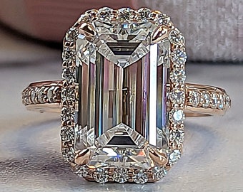 Emerald Cut Moissanite Engagement Ring Gold Halo Cathedral Setting Lifetime Warranty